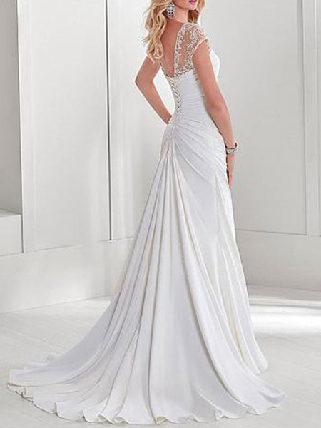 Milanoo Simple Wedding Dress Lycra Spandex Sweetheart Neck Short Sleeves Beaded Mermaid Bridal Dress