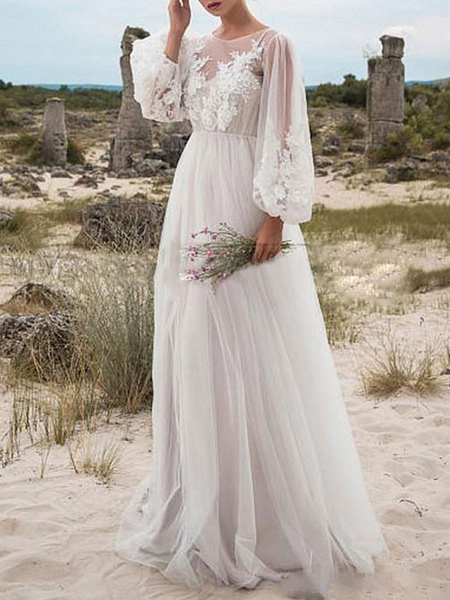 Milanoo Simple Wedding Dress A Line Tulle Jewel Neck Long Sleeves Lace Bridal Dresses