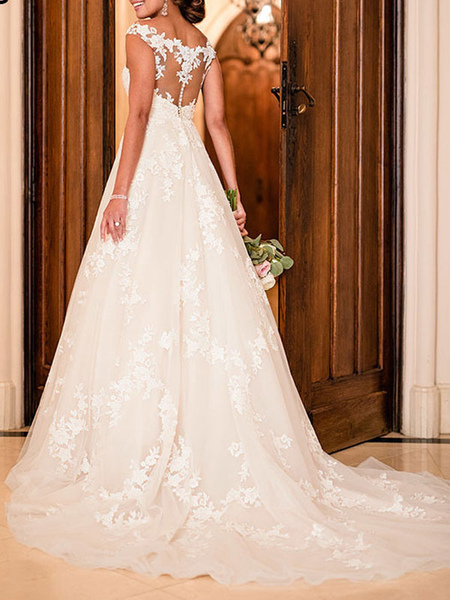 Milanoo Wedding Dresses A Line V Neck Sleeveless Lace Illusion Back Bridal Gowns