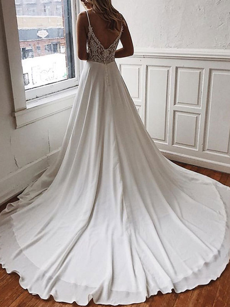 Milanoo Simple Wedding Dress A Line V Neck Sleeveless Straps Back Lace Boho Bridal Dresses With Trai