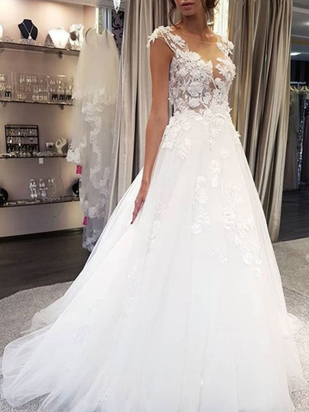 Milanoo Wedding Dress Jewel Neck Sleeveless Lace Flora A Line Tulle Bridal Gowns For Beach Wedding