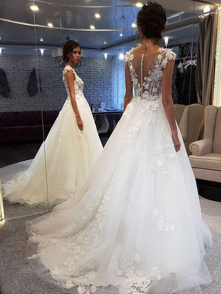 Milanoo Hochzeitskleid Jewel Neck Sleeveless Lace Flora A Line Tüll Brautkleider für Strandhochzeit