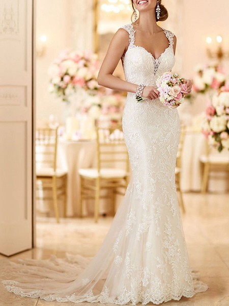 Milanoo Wedding Bridal Gowns Mermaid Queen Annie Neck Sleeveless Lace Bridal Gowns