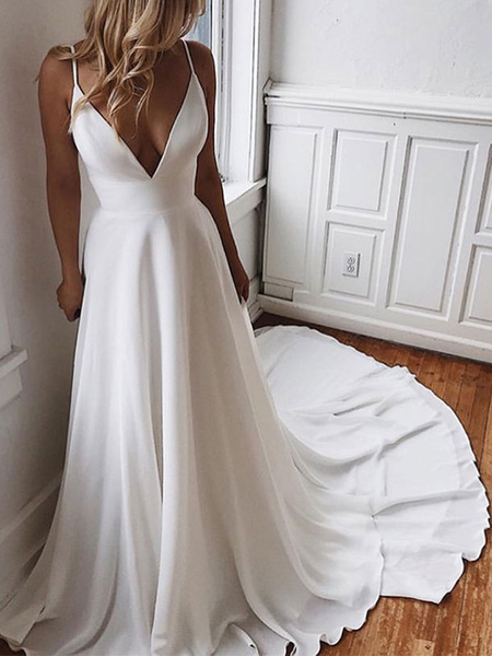 Milanoo Einfache Hochzeitskleid eine Linie V-Ausschnitt ärmellose Träger zurück Spitze Boho Brautkle