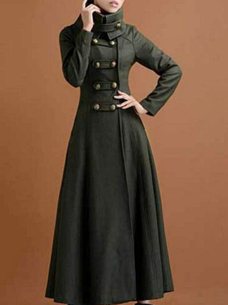 Image of Green Maxi Coat High Collar Buttons Casual Oversized Hunter Woman's Outerwear