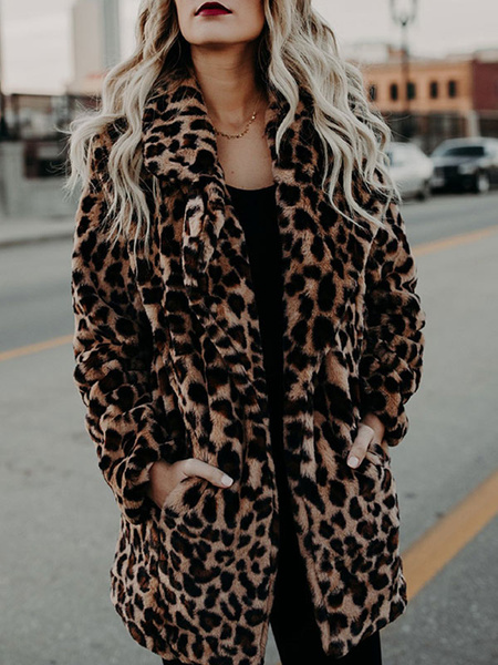 Image of Faux Fur Coats Leopard Long Sleeves Leopard Print Oversized Winter Coat