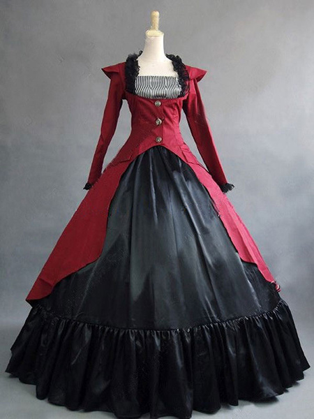 Milanoo Victorian Dress Costume Long Sleeves Red Ball Gown Women's Ruffle Button Victorian Era Cloth