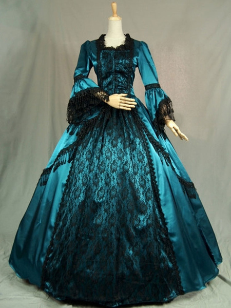 Milanoo Victorian Dress Costume Long Sleeves Teal Ruffles Silk Long Sleeves Lace Dress Victorian era