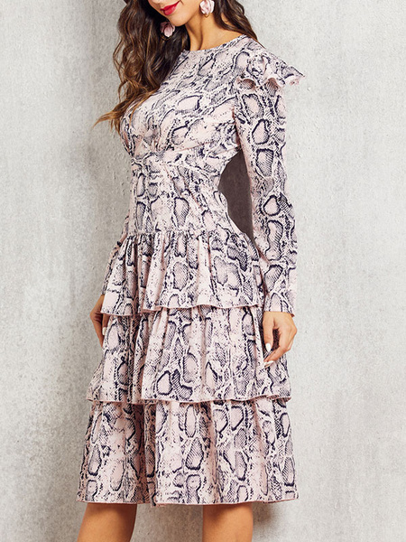 Image of Skater Dresses Jewel Neck Long Sleeves Floral Print Casual Maxi Flared Dress