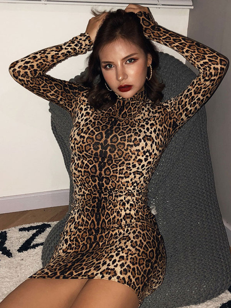 Image of Abiti aderenti sexy Mini abito maniche lunghe collo alto stampa leopardo