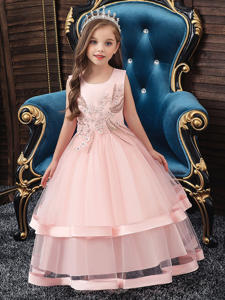 Milanoo Flower Girl Dresses Jewel Neck Polyester Cotton Sleeveless Ankle Length Princess Silhouette