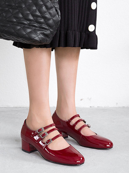Image of Women Genuine Patent Leather Vintage Mary Jane Mid-Low Heels Block Heel Black Pumps