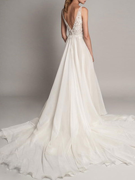 Milanoo Simple Wedding Dress 2021 A Line V Neck Sleeveless Beaded Bridal Dresses With Train