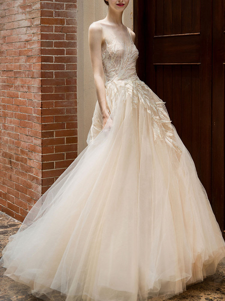 Milanoo Wedding Dress 2021 Princess Silhouette Floor Length Jewel Neck Sleeveless Natural Waist Lace