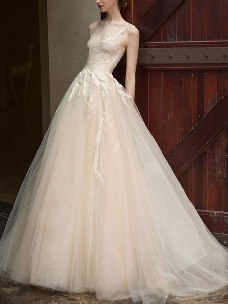Milanoo Wedding Dress 2021 Princess Silhouette Floor Length Jewel Neck Sleeveless Natural Waist Lace