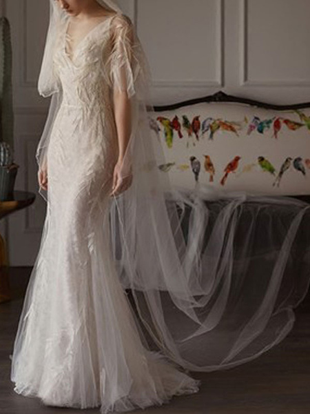 Milanoo Wedding Dresses 2021 Sheath Sihouette Half Sleeve V Neck Floor Length Bamboo Leaf Lace Brida