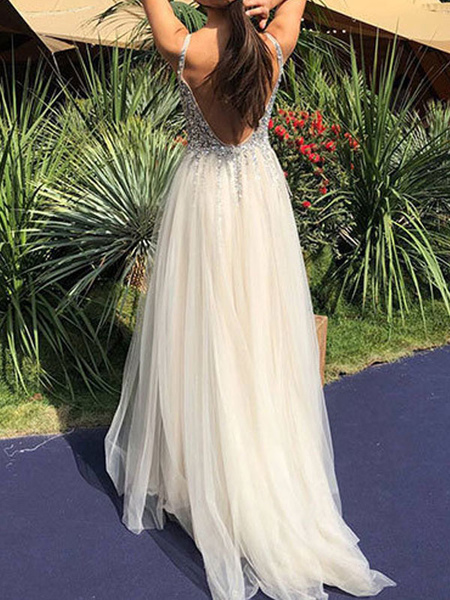 Milanoo Hochzeitskleid 2021 A Line V-Ausschnitt Ärmellos Perlen Gericht Zug Tüll Brautkleider