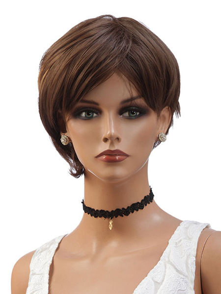 Image of Synthetic Wigs Coffee Brown Straight Rayon Short Short Wig For Woman