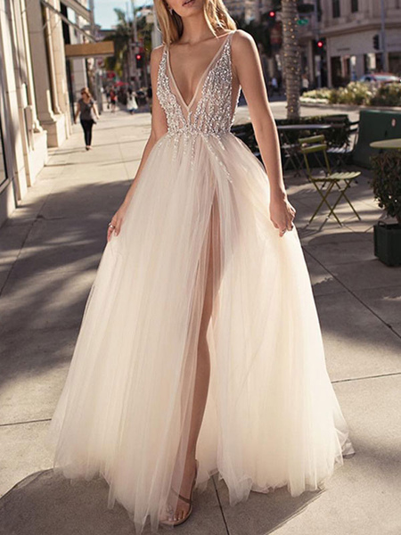 Milanoo Bridal Dress 2021 A Line V Neck Sleeveless Beaded Court Train Front Split Tulle Bridal Gowns