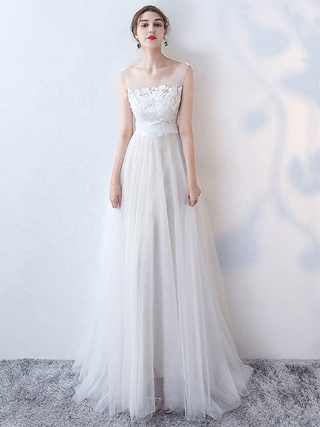 Milanoo Simple Wedding Dress 2021 A Line Jewel Neck Sleeveless Bows Lace Tulle Bridal Dresses