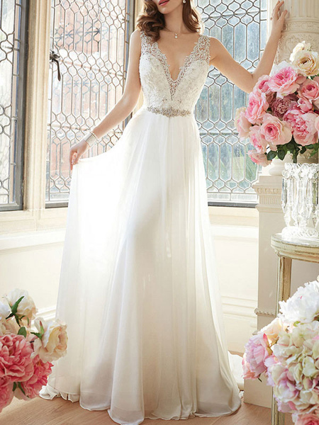 Milanoo Einfaches Hochzeitskleid 2021 A Line V-Ausschnitt Ärmellos Bodenlang Spitze Brautkleider