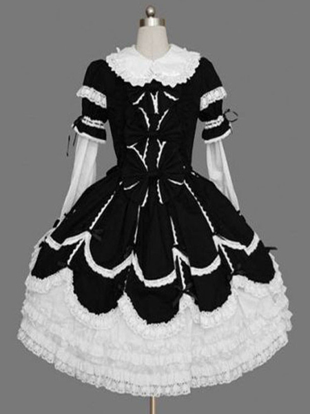 Milanoo Gothic Lolita Long Sleeve Casual Dress Black Cotton Blend Lolita Dress