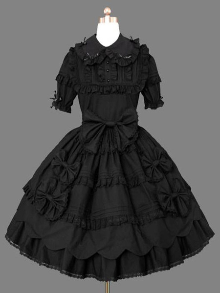 Image of Gothic Lolita casuale del vestito nero in cotone manica corta Miscela Lolita Dress