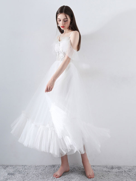 Milanoo Short Wedding Dress 2021 A Line V Neck Short Sleeves Tea Length Bridal Dresses