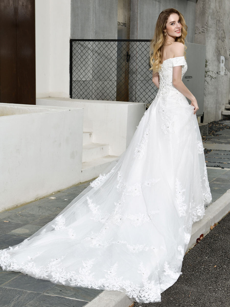 Milanoo Einfaches Hochzeitskleid 2021 A Line Bateau Neck Kurze Ärmel Bodenlangen Applique Brautkleid