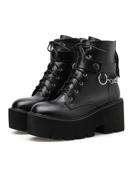 Milanoo Steampunk Lolita Boots Leather Round Toe Black Lolita Footwear
