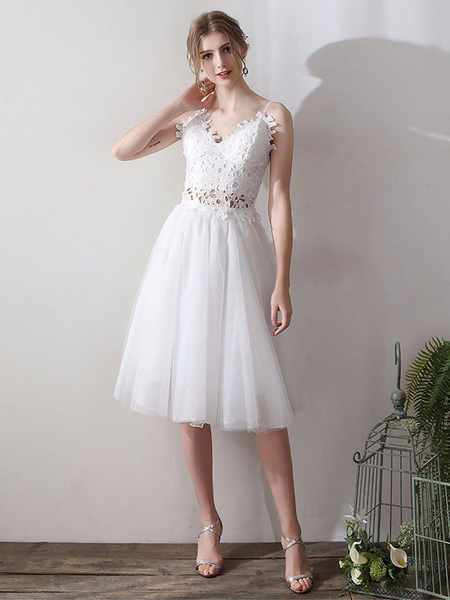 Milanoo Short Wedding Dresses V Neck Sleeveless A Line Natural Tea Length Waist Organza Bridal Dress