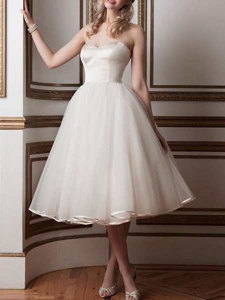 Milanoo Vintage Wedding Dresses 2021 Sweetheart Neck Sleeveless A Line Tea Length Bridal Dresses