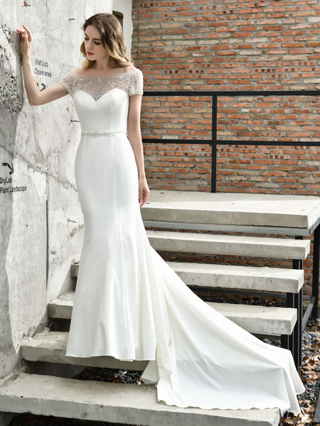 Milanoo Wedding Dress Short Sleeves Illusion Neck Beaded Mermaid Bridal Gowns