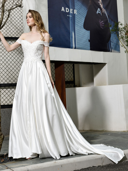 Milanoo Einfache Brautkleid eine Linie von der Schulter mit kurzen Ärmeln Applique Brautkleider mit