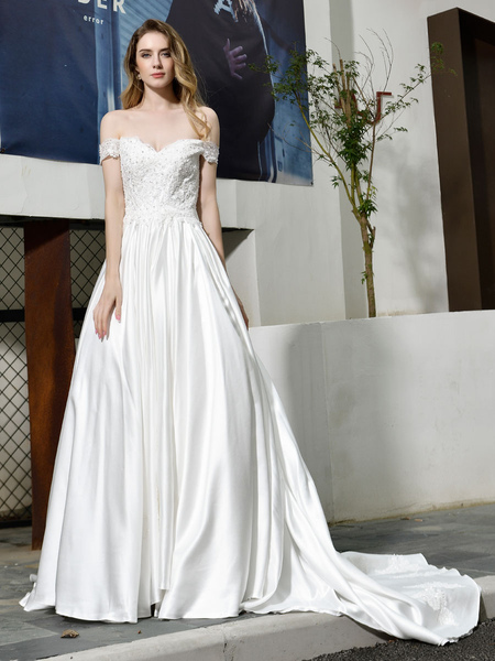 Milanoo Einfache Brautkleid eine Linie von der Schulter mit kurzen Ärmeln Applique Brautkleider mit