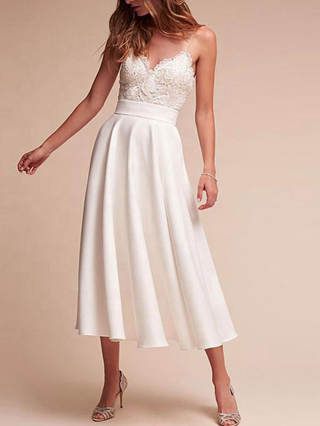 Milanoo Short Wedding Dress V Neck Sleeveless A Line Tea Length Straps Bridal Gowns