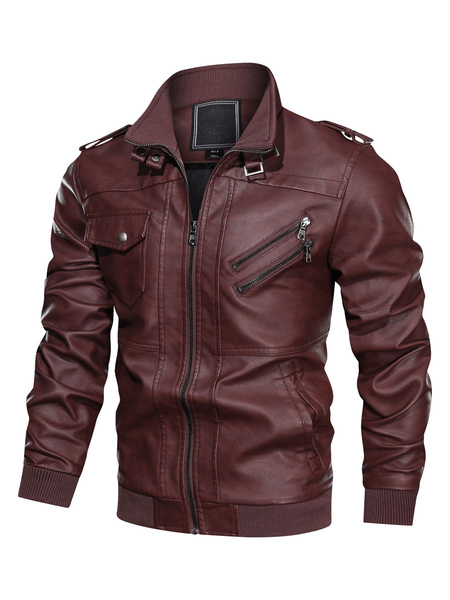 Image of Men's Leather Jackets Zippered Ribbed Biker Jakcet