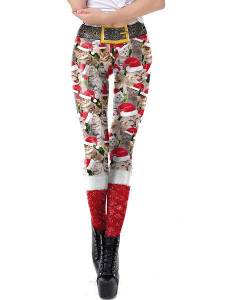 Milanoo Women Christmas Legging Red Christmas Pattern Skinny Leg Pant Holidays Costumes