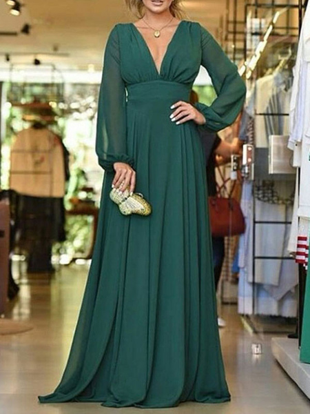 

Milanoo Bridesmaid Dress A Line V Neck Floor Length Long Sleeve Backless Chiffon Wedding Party Dress, Dark green