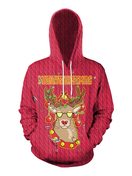 Milanoo Unisex Christmas Hoodie Print Long Sleeve Ugly Christmas Sweater