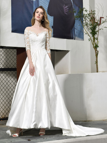 Milanoo Simple Wedding Dress Jewel Neck Half Sleeves A Line Beaded Bridal Dresses With Train