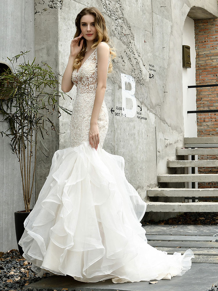 Milanoo Wedding Bridal Gowns Mermaid Sleeveless V Neck Lace Bridal Gowns With Train