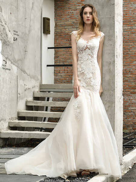Milanoo Wedding Dress Jewel Neck Sleeveless Natural Waist Lace Bridal Mermaid Dress With Train