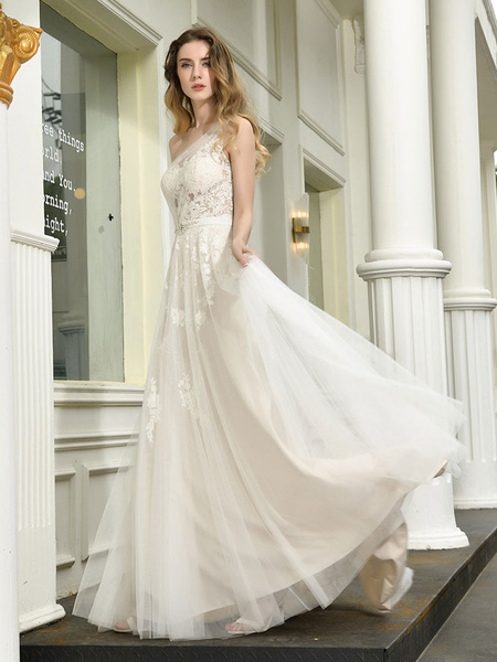Milanoo Bridal Dress 2021 One Shoulder Sleeveless Buttons Bridal Dresses With Train