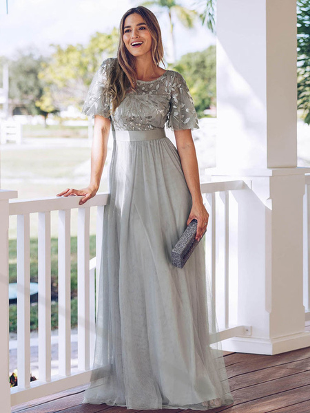 Milanoo Plus Size Prom Dress A Line Jewel Neck Chiffon Short Sleeves Floor Length Lace Party Dresses
