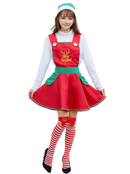 Milanoo Women Christmas Set Embroidered Red Skater Dress Holidays Costumes