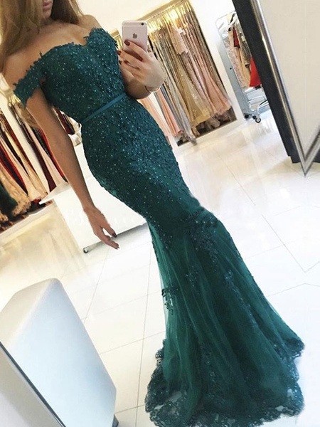 Milanoo Evening Dress Mermaid Off The Shoulder Lace Lace Tulle Formal Party Dresses