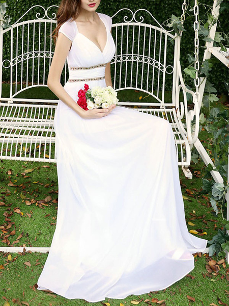 Milanoo Einfaches Hochzeitskleid A Line Designed Ausschnitt mit kurzen Ärmeln Perlen Brautkleider