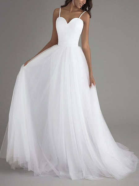 Milanoo Einfache Hochzeitskleid Tüll herzförmiger Ausschnitt ärmellose Schärpe eine Linie Brautkleid