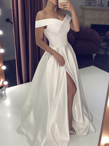 Milanoo Simple Wedding Dress Satin Fabric Off The Shoulder Sleeveless Split Front A Line Bridal Dres